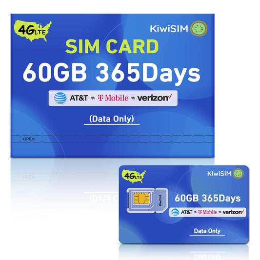 KiwiSIM USA 4G LTE SIM Card-60GB 365Days-Support for AT&T, T-Mobile and Verizon Network