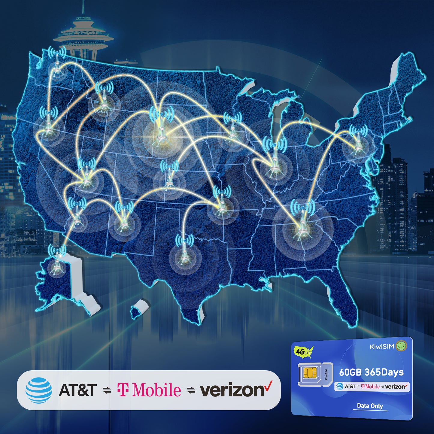 KiwiSIM USA 4G LTE SIM Card-60GB 365Days-Support for AT&T, T-Mobile and Verizon Network