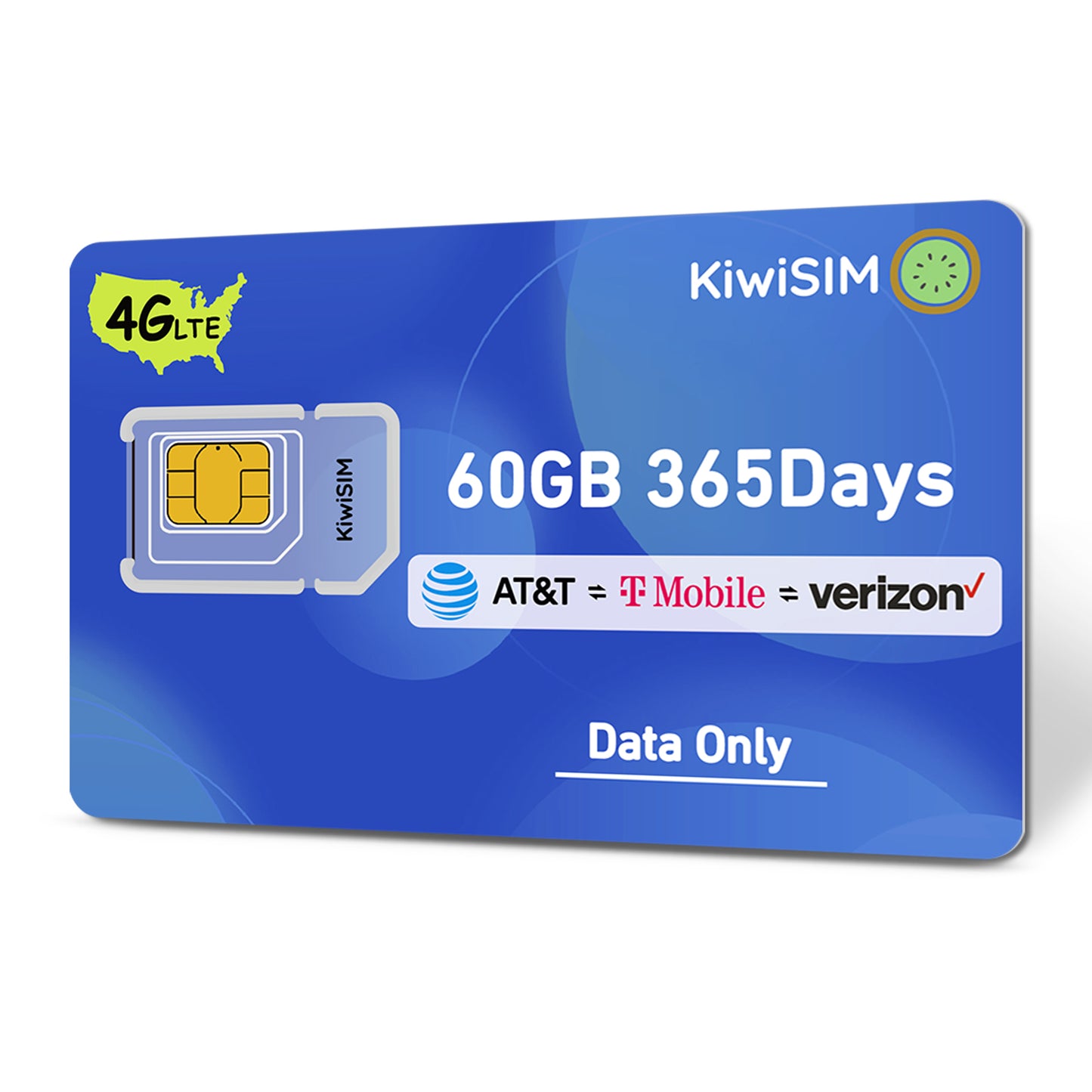 KiwiSIM USA 4G LTE SIM Card-60GB 365Days-Support for AT&T, T-Mobile and Verizon Network