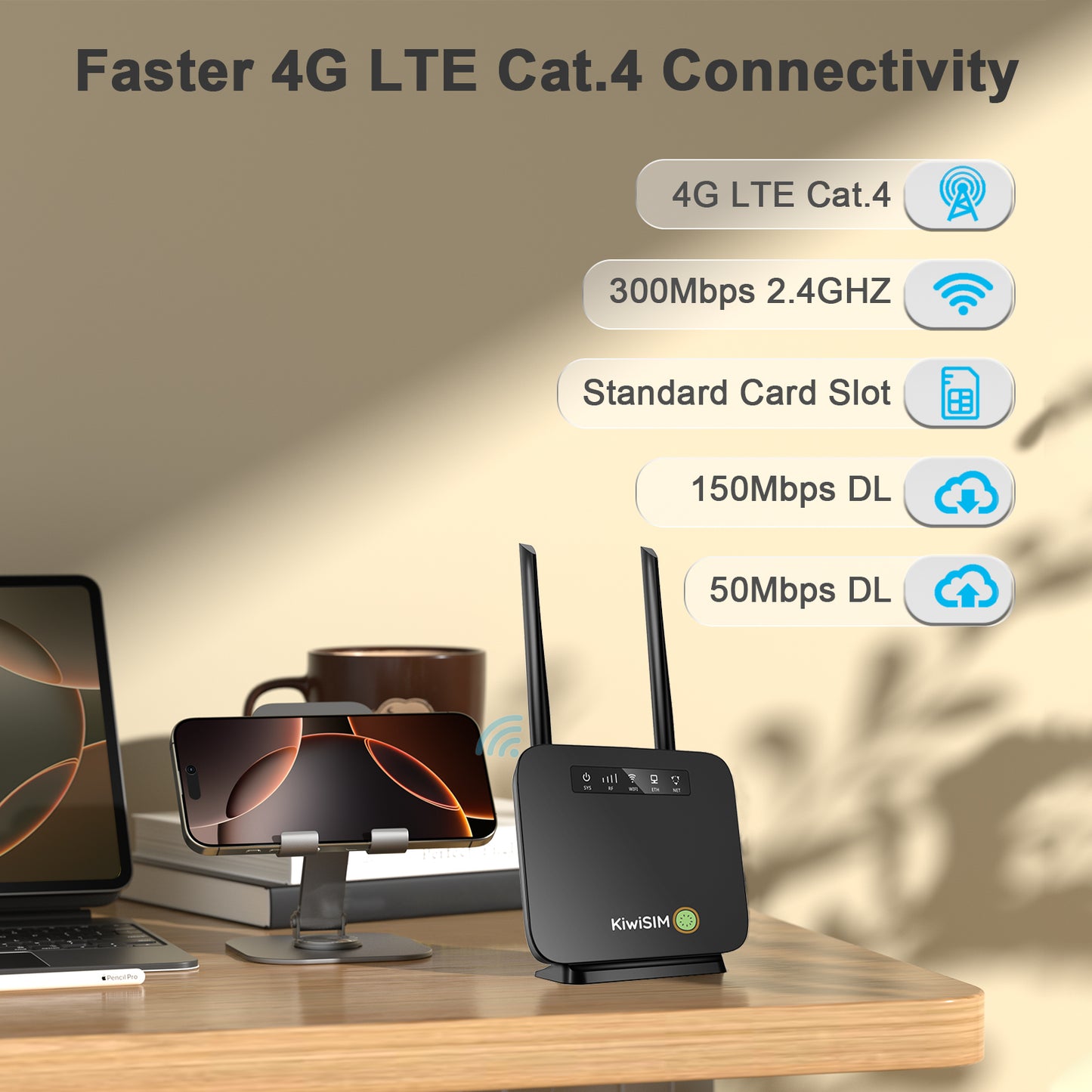 KiwiSIM 4G LTE WiFi Router with Sim Card, Portable Modem WiFi Router, 300Mbps WiFi, CAT4, Support AT&T and T-Mobile, 3000mAh Battery, Data SIM Card Included