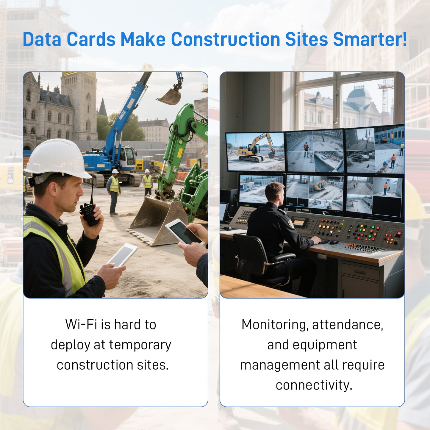 IoT Data SIM for Construction - No Monthly Fee, Tri-Network Coverage (ATT/T-Mobile/Verizon), Connect Management Tools/Time Tracking/Site Cameras