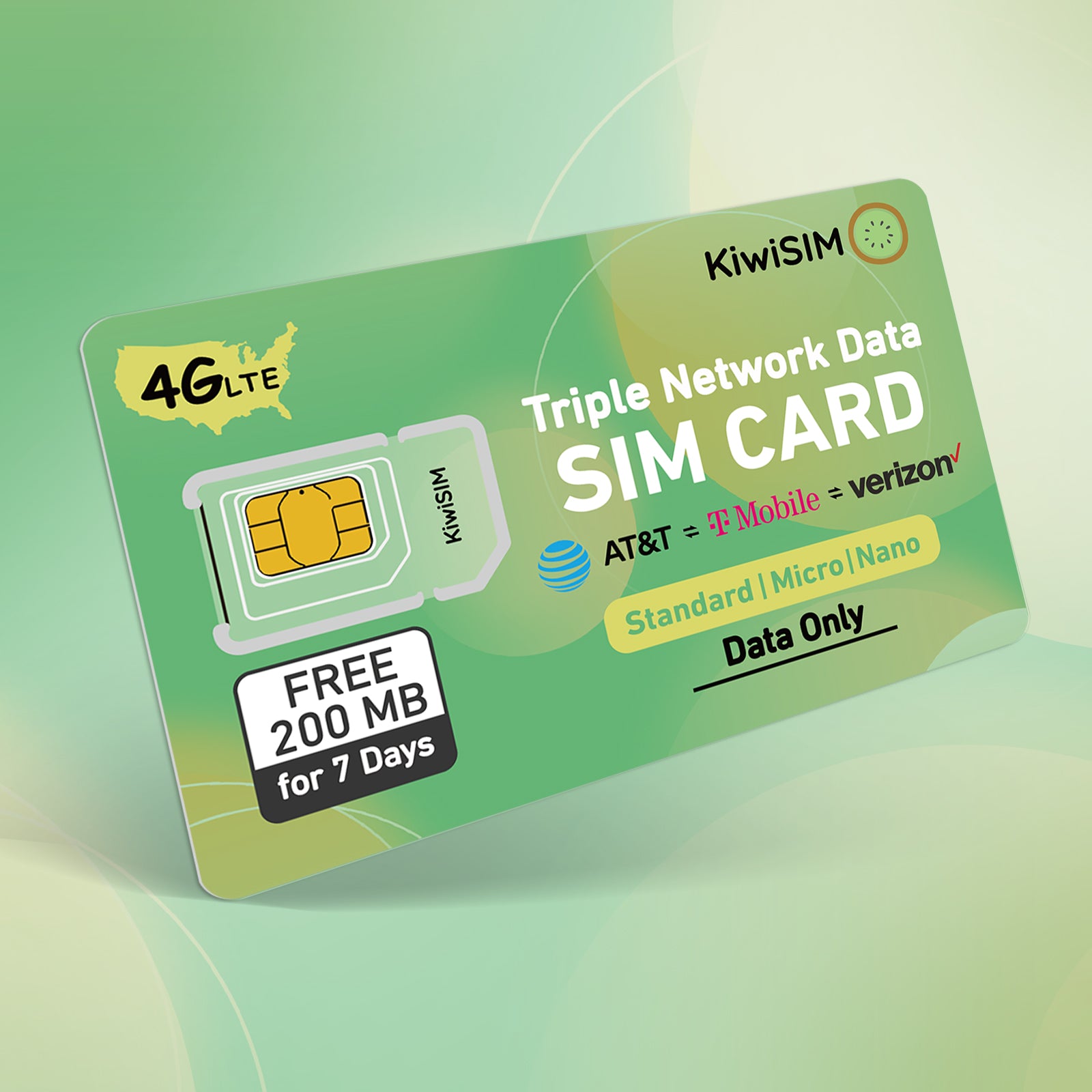 KiwiSIM USA 4G LTE Cellular Data Prepaid SIM Card-Support for AT&T, T-Mobile and Verizon Network|Free 200MB