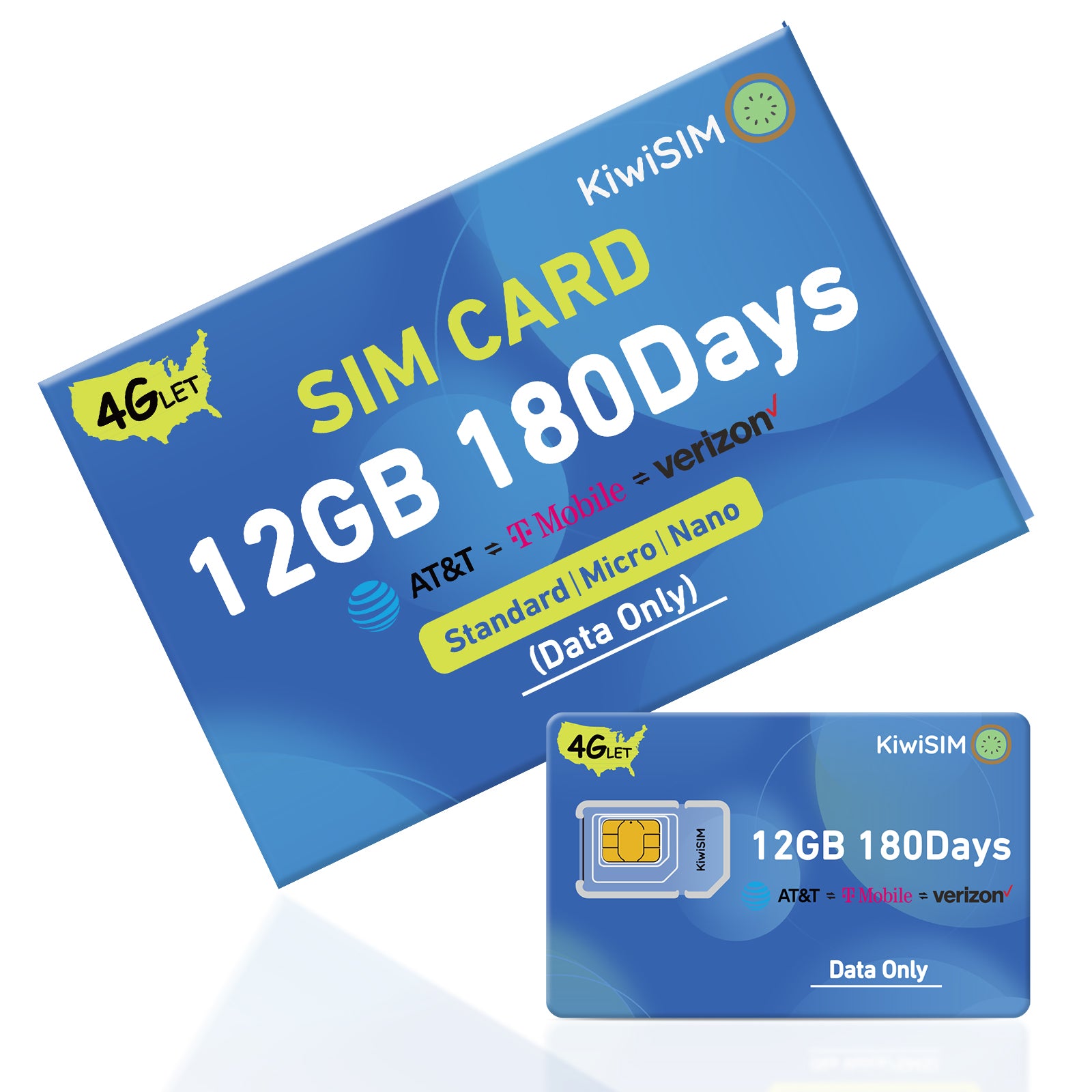 KiwiSIM USA 4G LTE SIM Card-12GB 180 Days-Support for AT&T, T-Mobile and Verizon Network