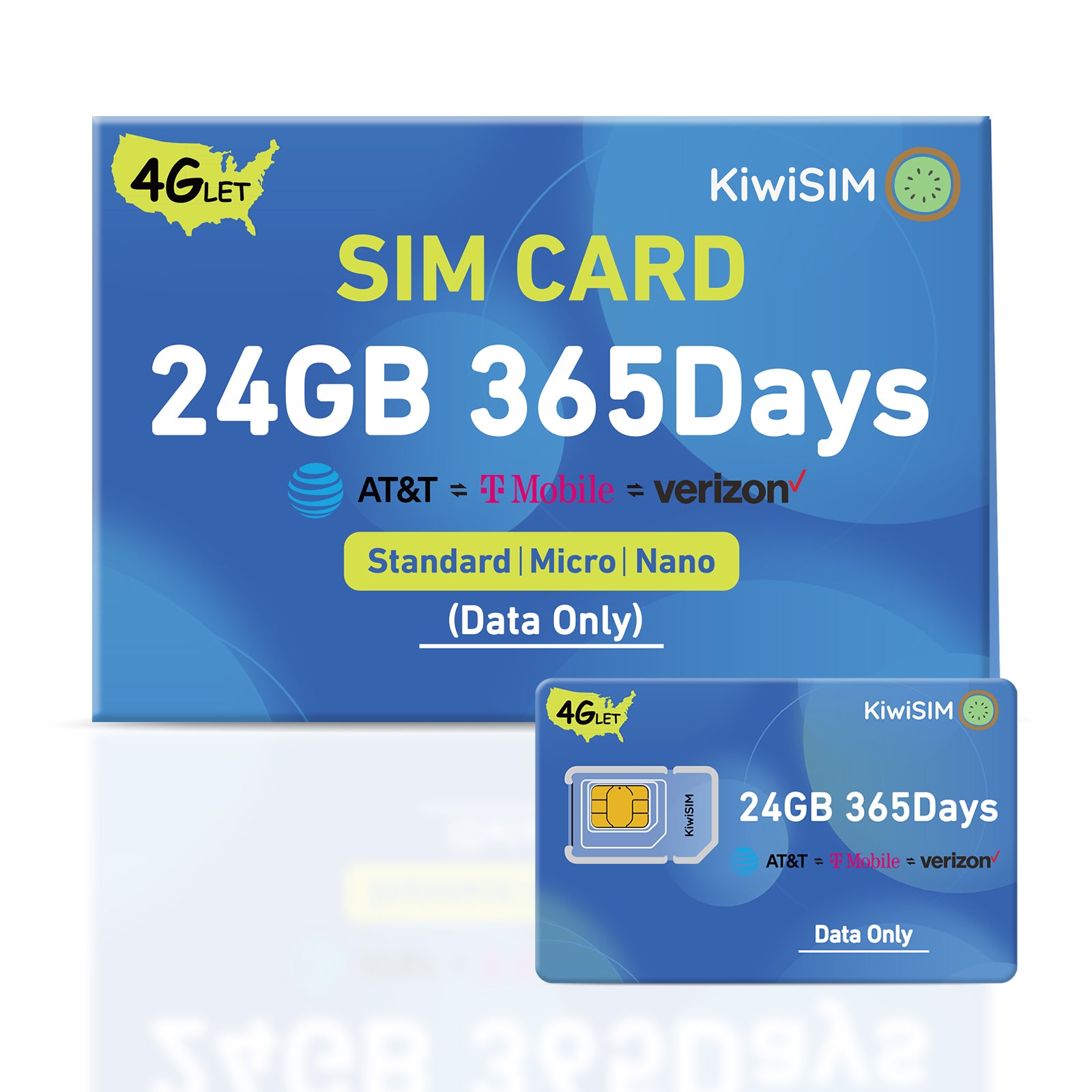 KiwiSIM USA 4G LTE SIM Card-24GB 365Days-Support for AT&T, T-Mobile and Verizon Network