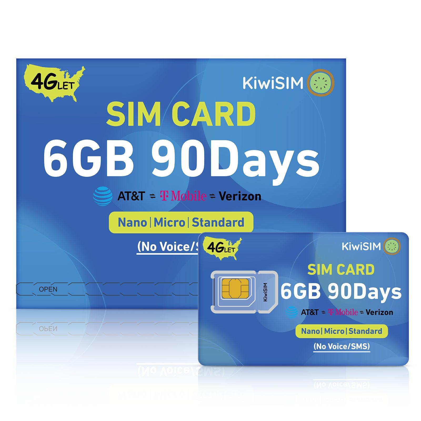 KiwiSIM USA 4G LTE SIM Card-6GB 90Days-Support for AT&T, T-Mobile and Verizon Network