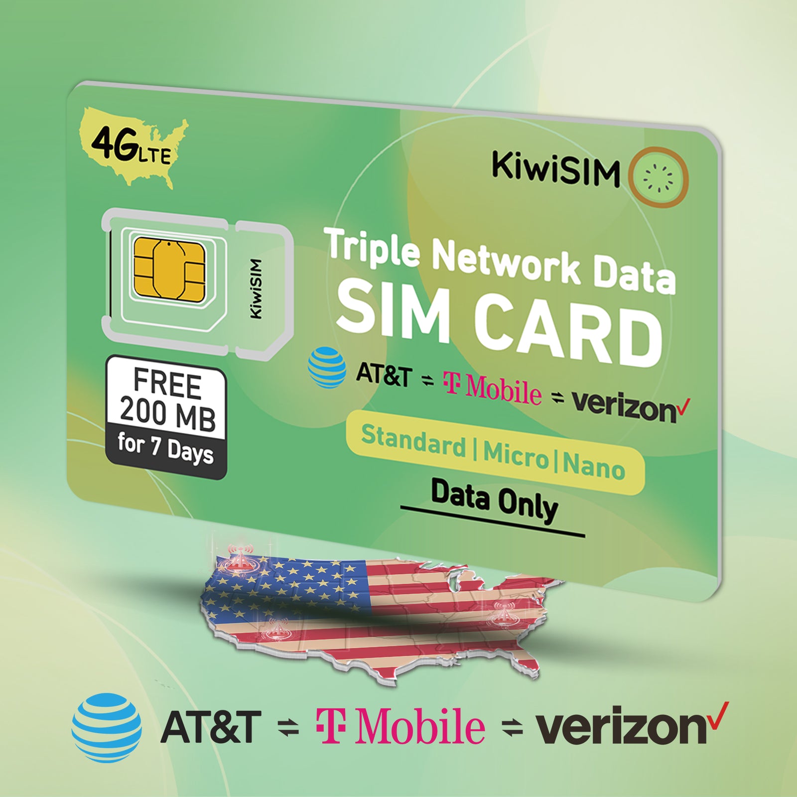 KiwiSIM USA 4G LTE Cellular Data Prepaid SIM Card-Support for AT&T, T-Mobile and Verizon Network|Free 200MB