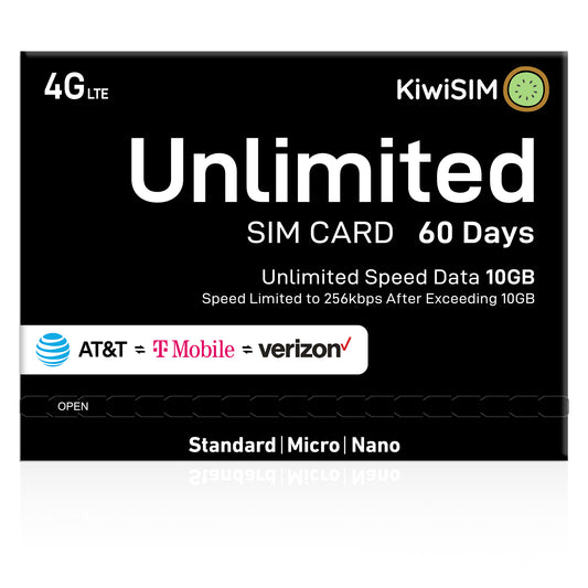 KiwiSIM USA 4G LTE Unlimited SIM Card-10GB 60Days-Support for AT&T, T-Mobile and Verizon Network