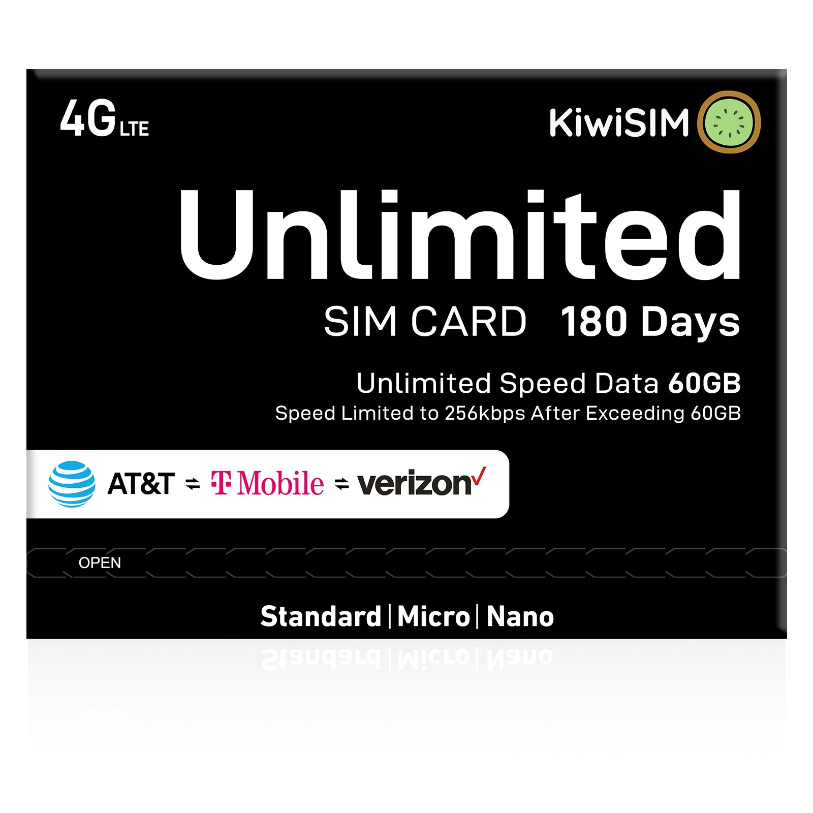KiwiSIM USA 4G LTE Unlimited SIM Card-60GB 180Days-Support for AT&T, T-Mobile and Verizon Network