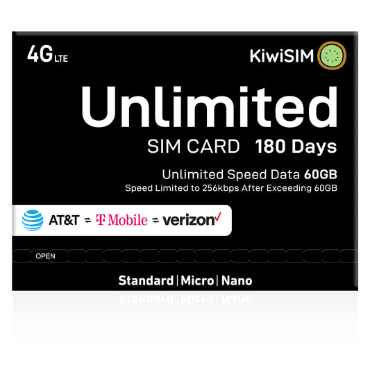 KiwiSIM USA 4G LTE Unlimited SIM Card-60GB 180Days-Support for AT&T, T-Mobile and Verizon Network