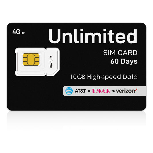 KiwiSIM USA 4G LTE Unlimited SIM Card-10GB 60Days-Support for AT&T, T-Mobile and Verizon Network