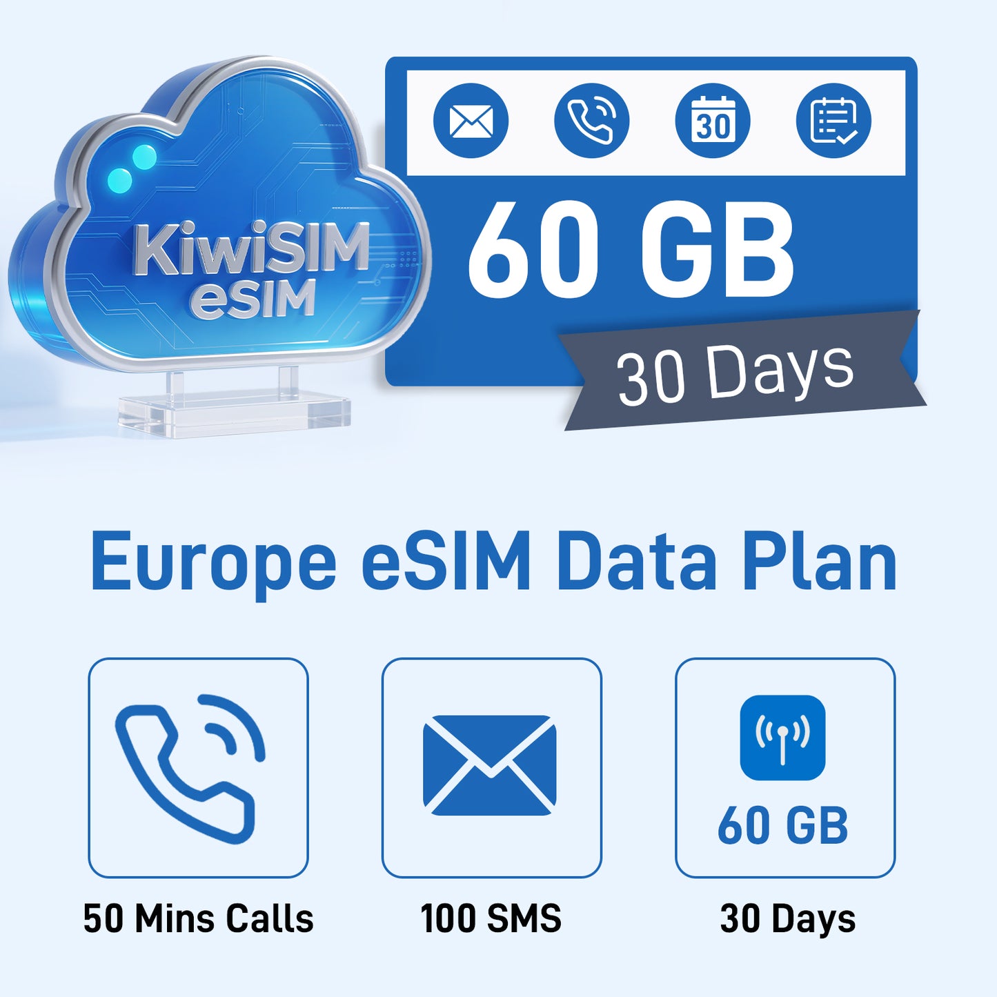 KiwiSIM eSIM | Europe & UK | 60GB 30Days | 50 Mins calls | 100 SMS | Automatic activation