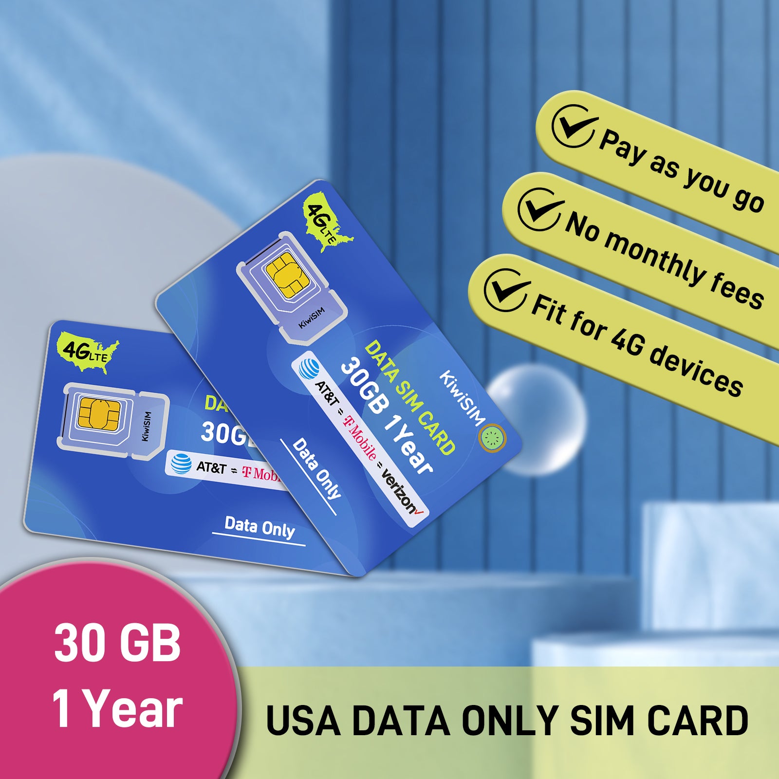 KiwiSIM USA 4G LTE SIM Card-Support for AT&T, T-Mobile and Verizon Network|30GB 1Year