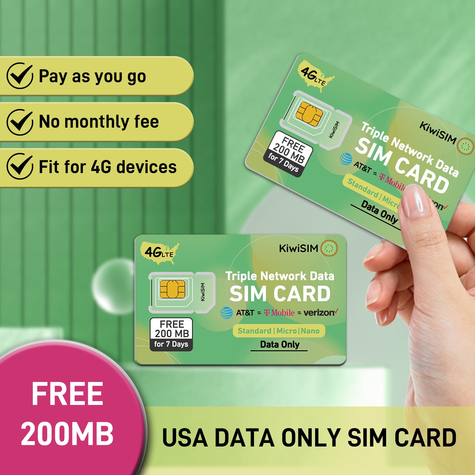 KiwiSIM USA 4G LTE Cellular Data Prepaid SIM Card-Support for AT&T, T-Mobile and Verizon Network|Free 200MB