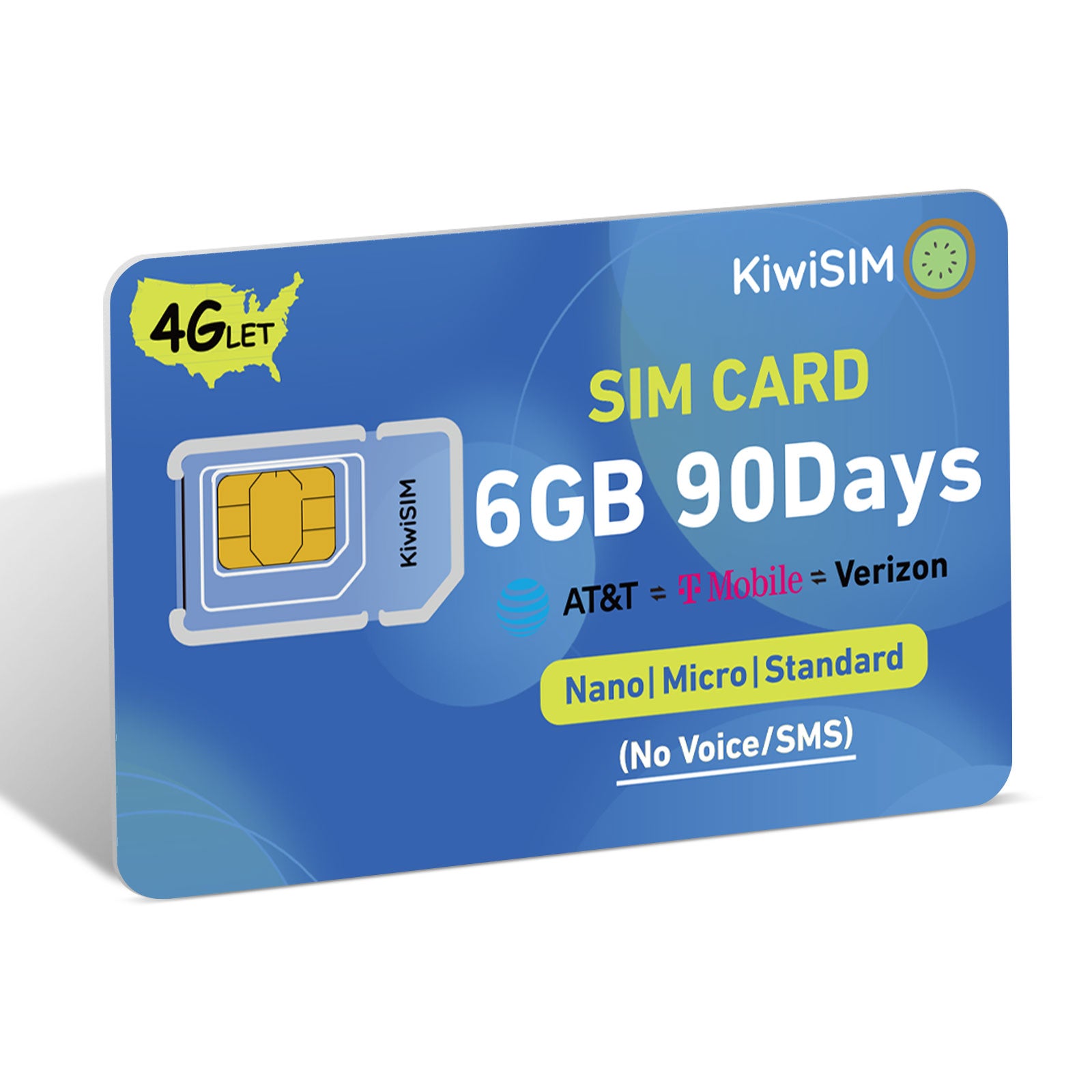 KiwiSIM USA 4G LTE SIM Card-6GB 90Days-Support for AT&T, T-Mobile and Verizon Network