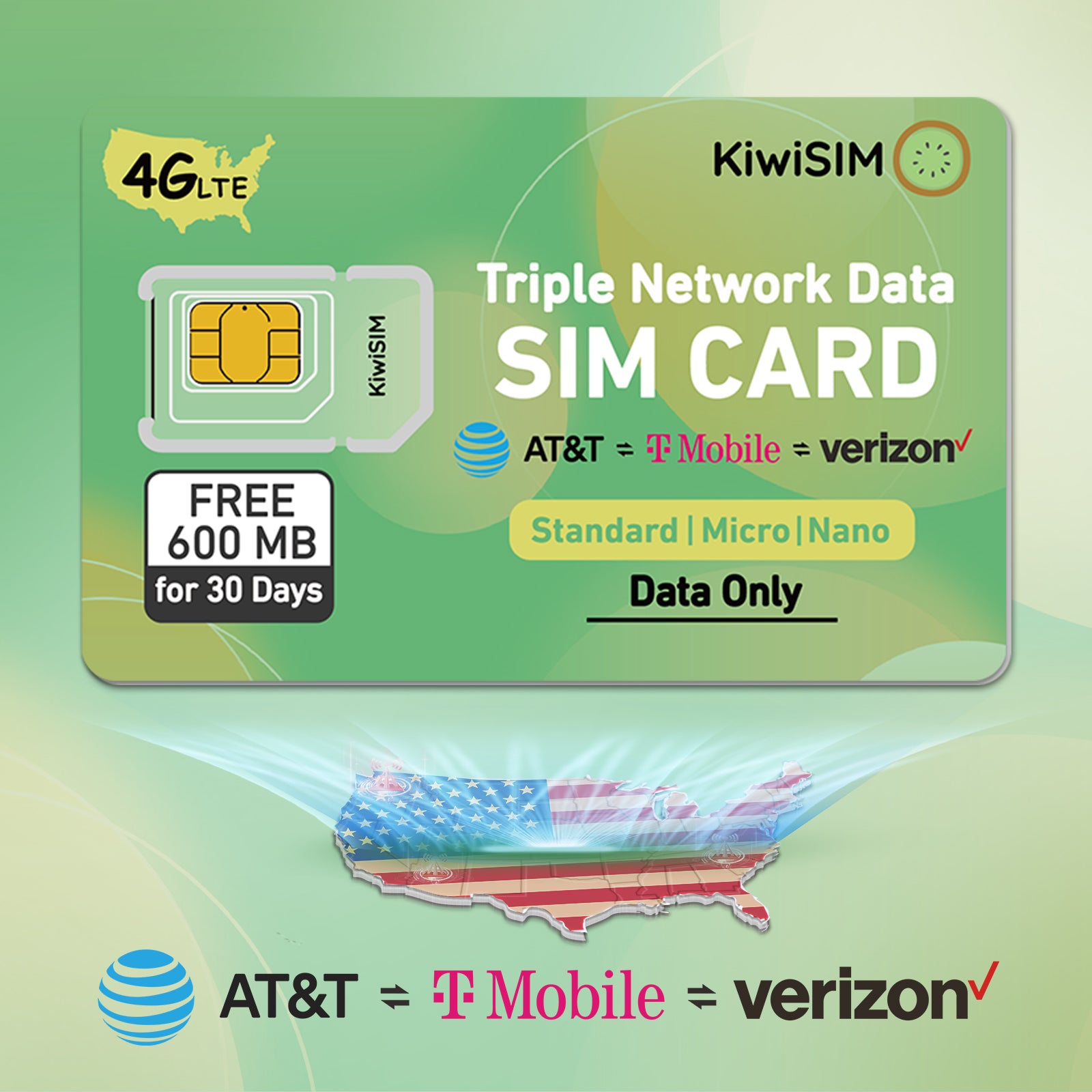 KiwiSIM USA 4G LTE Cellular Data Prepaid SIM Card-Support for AT&T, T-Mobile and Verizon Network|Free 600MB