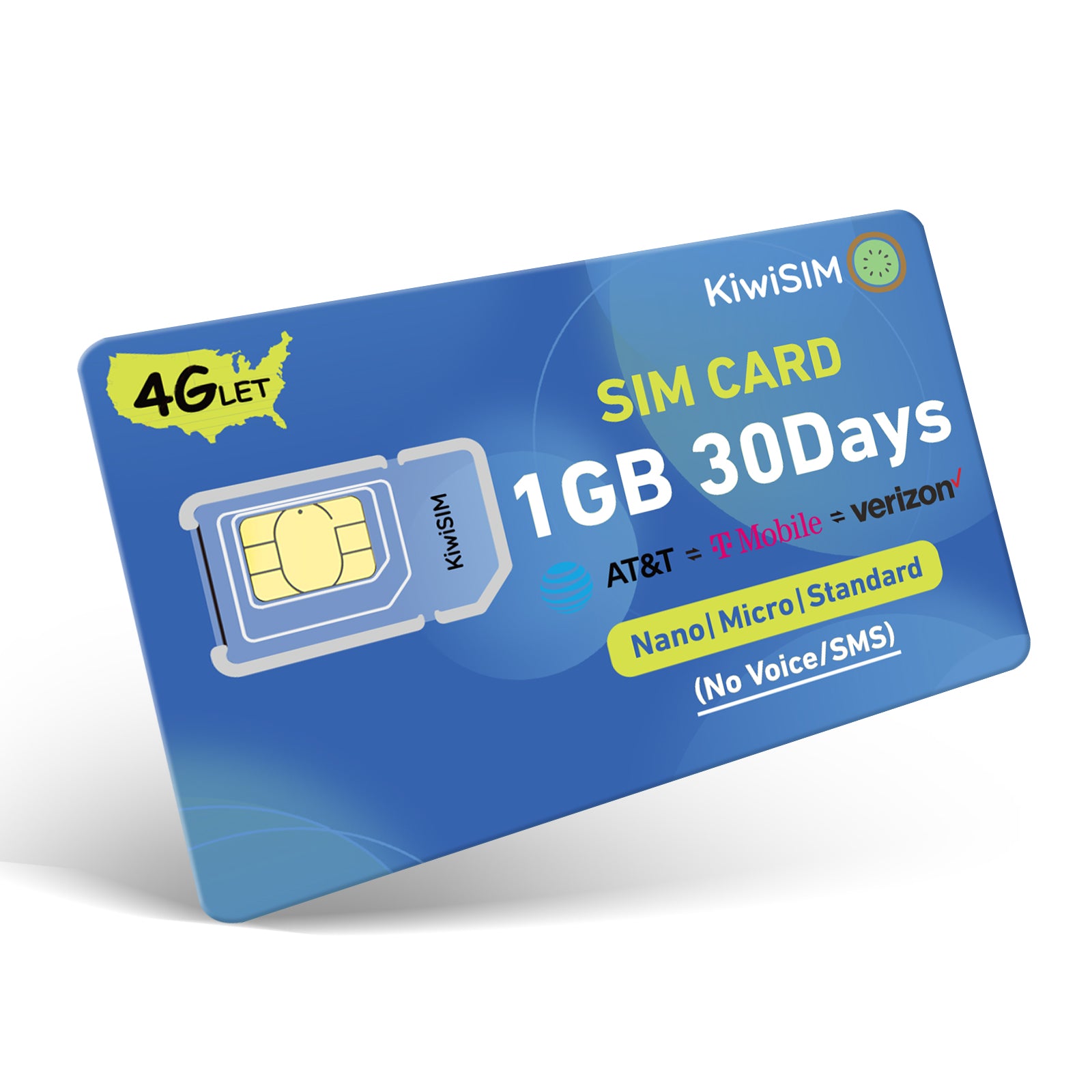 KiwiSIM USA 4G LTE SIM Card-1GB 30Days-Support for AT&T, T-Mobile and Verizon Network